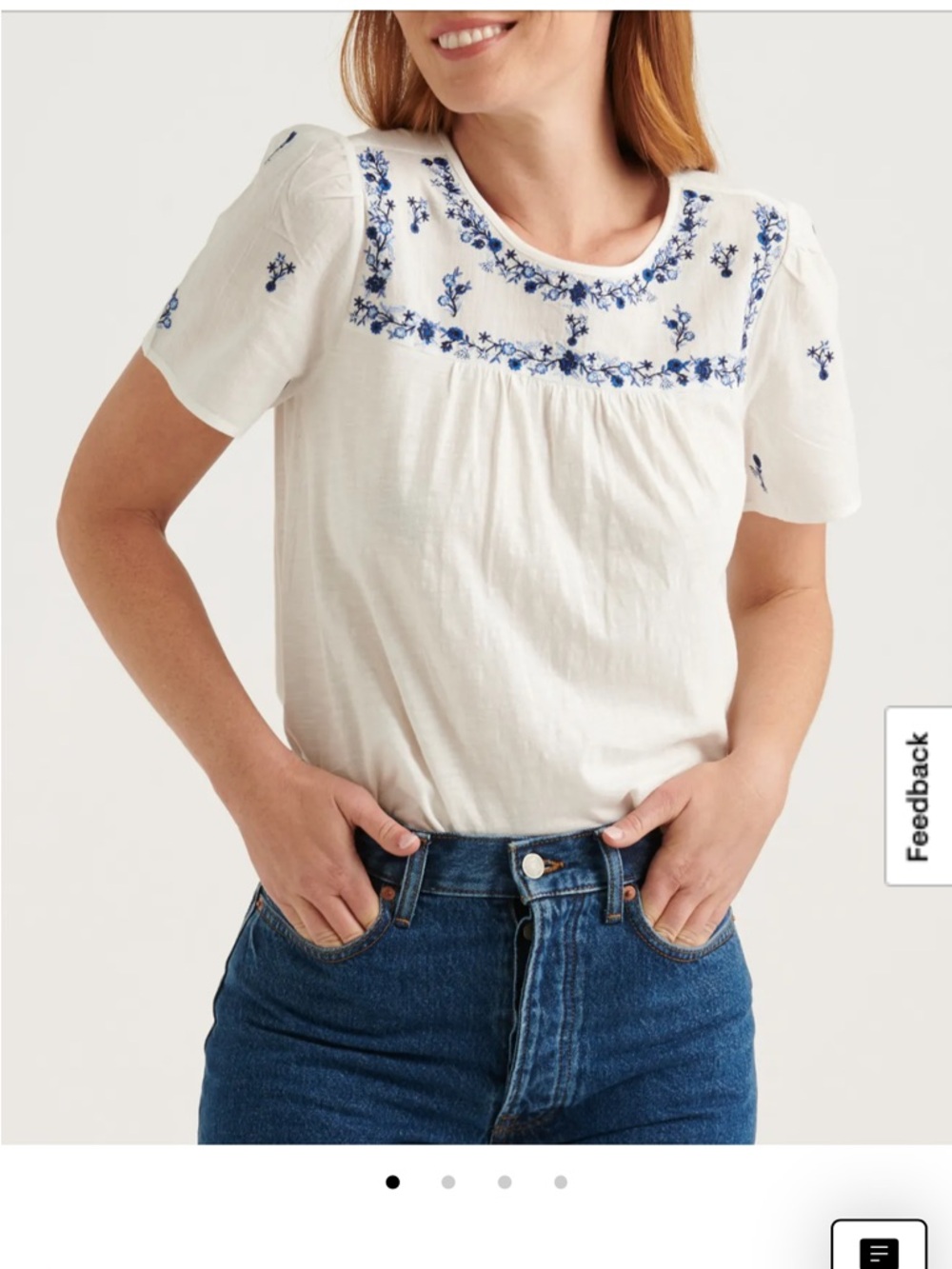 Lucky Brand White Short-Sleeve Top with Blue Floral Embroidery